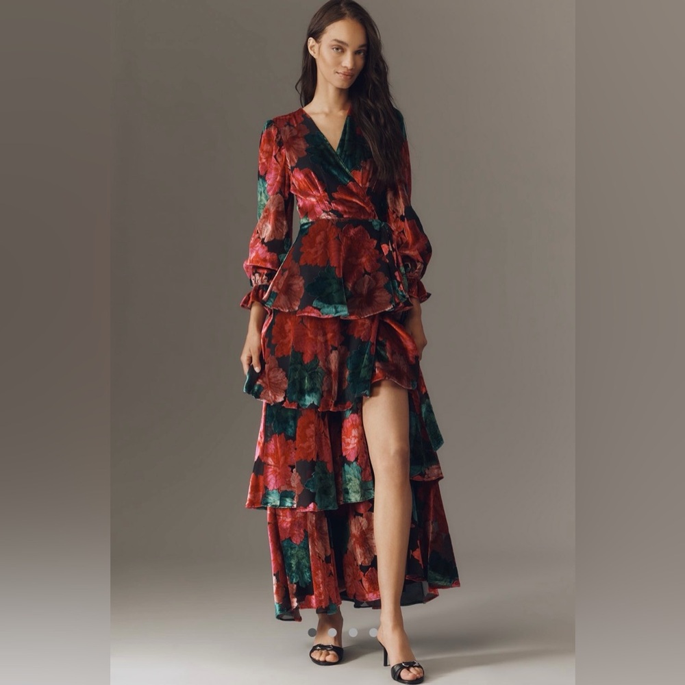 NWT Anthropologie hutch wrap ruffle velvet maxi dress